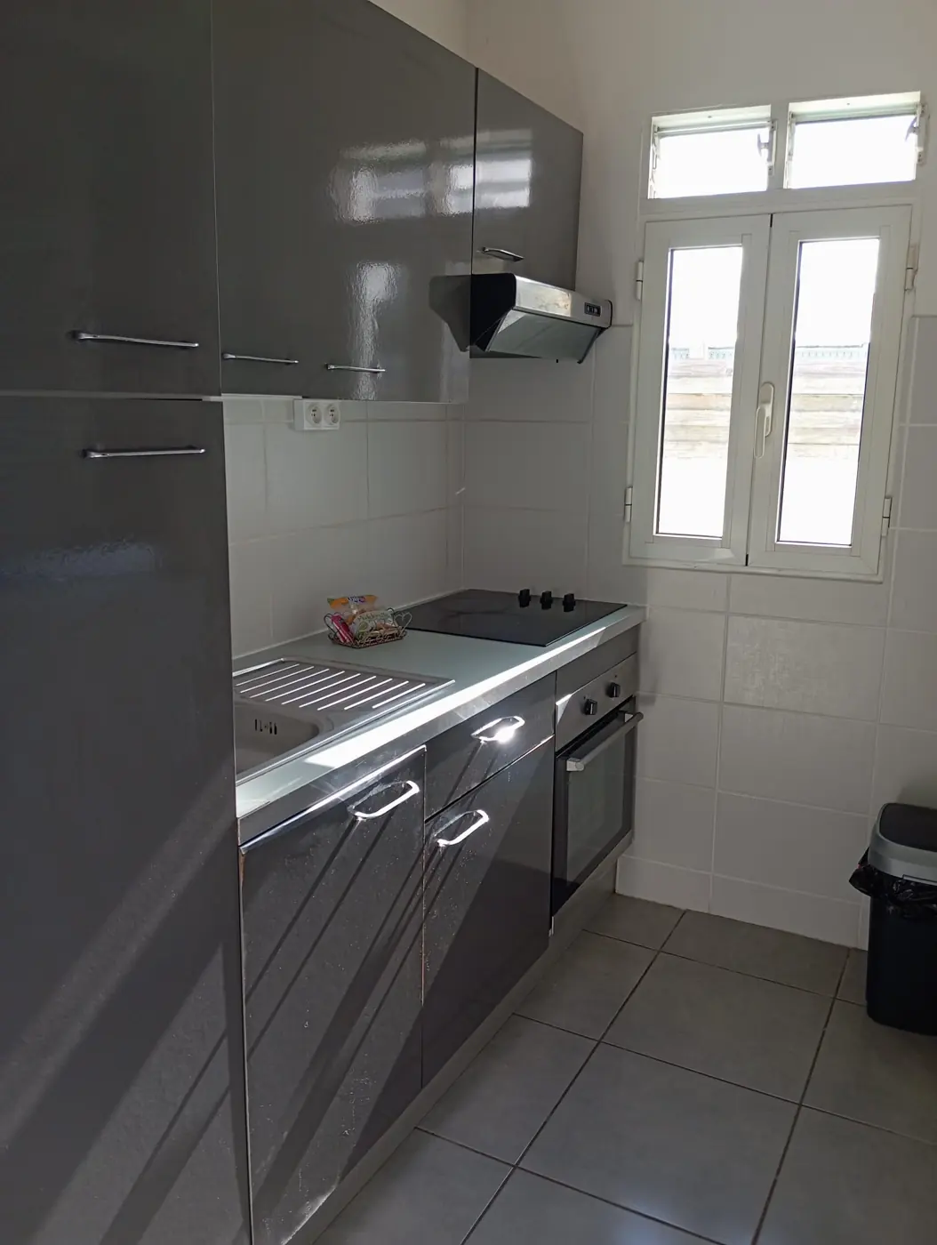 Cuisine équipée avec plaques, four, hotte et évier