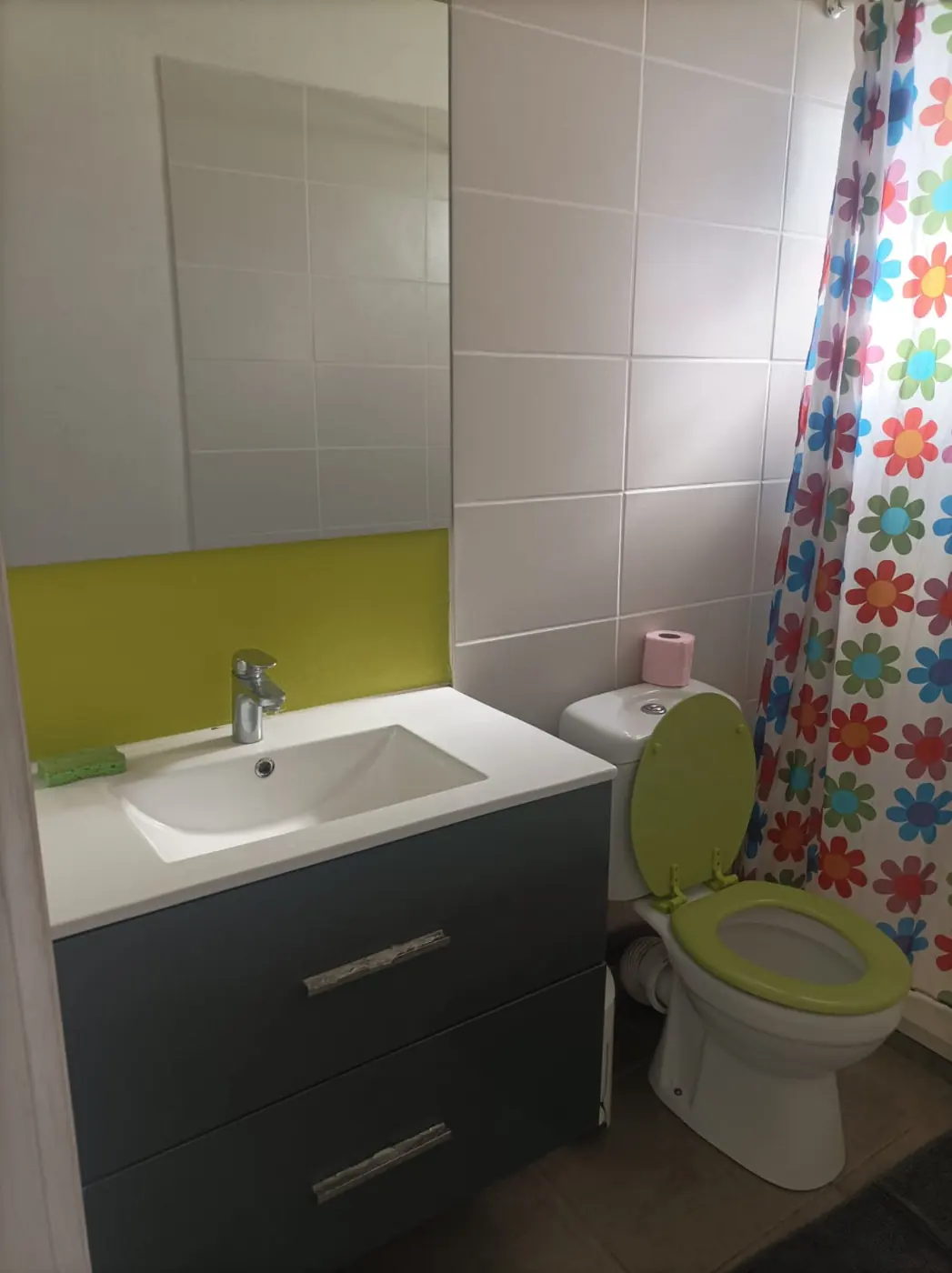 Salle de bain avec meuble vasque et miroir
