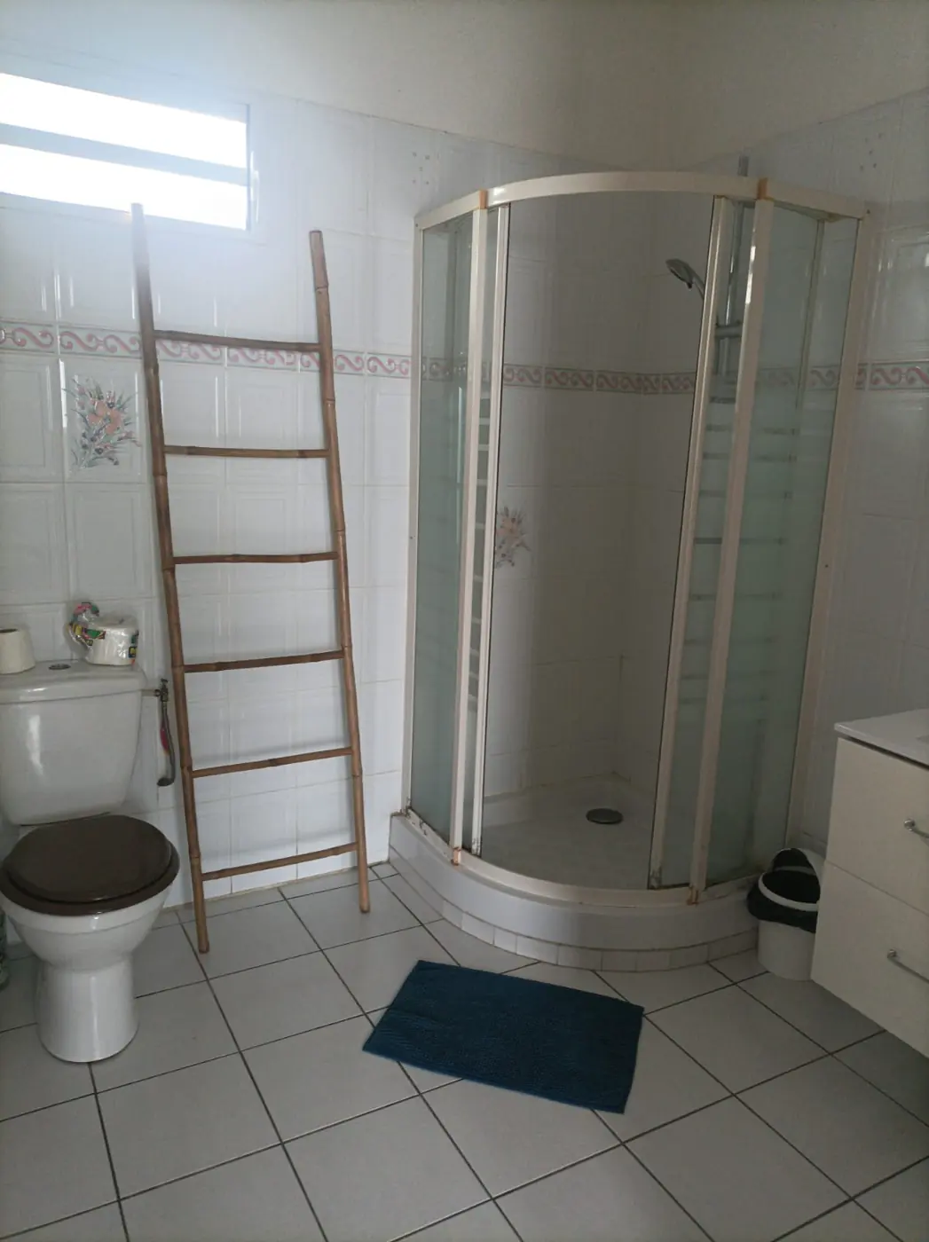 Salle de bain avec douche d'angle, WC et échelle en bambou pour les serviettes