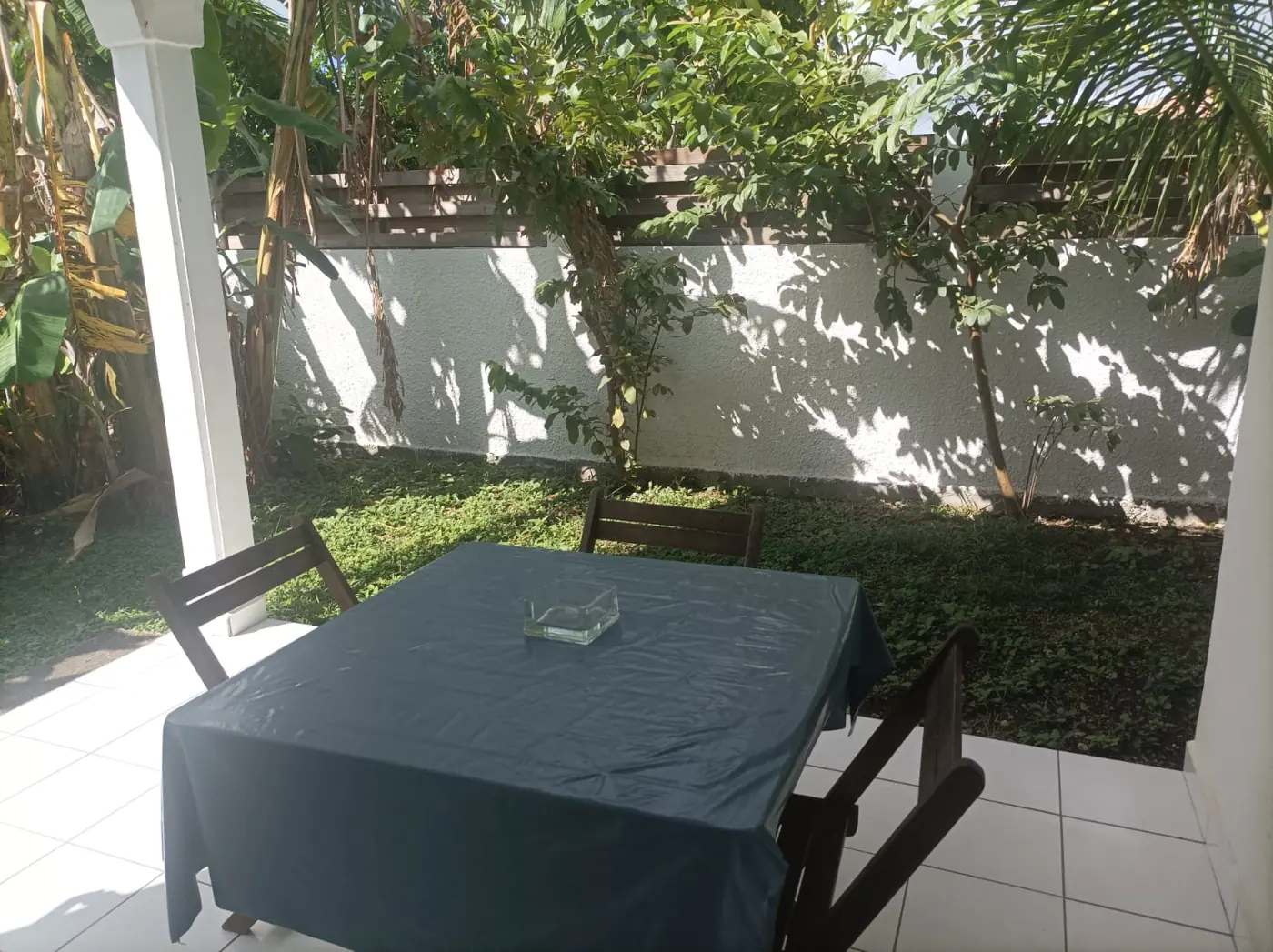 Table et chaises sur la terrasse, face au jardin arboré